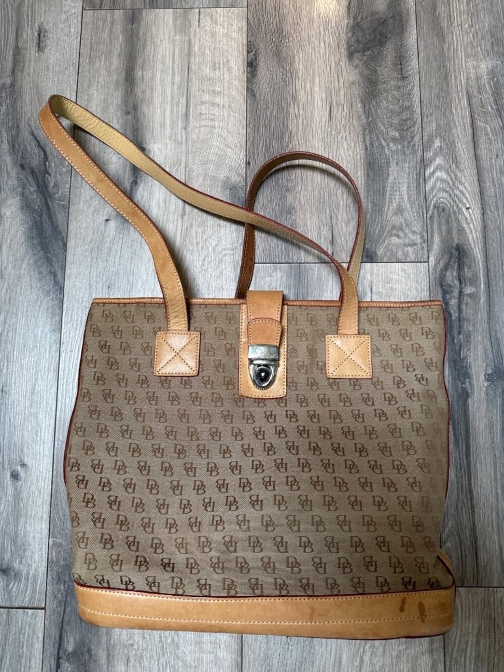 Vintage Dooney & Bourke Signature DB Monogram Canvas Shopper Tote Bag In Tan & B